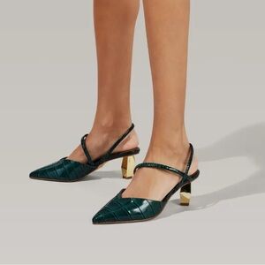 Kurt Gieger London Della Sling Back Green Croc Print Gold Heel Size EU 38.5-US 8